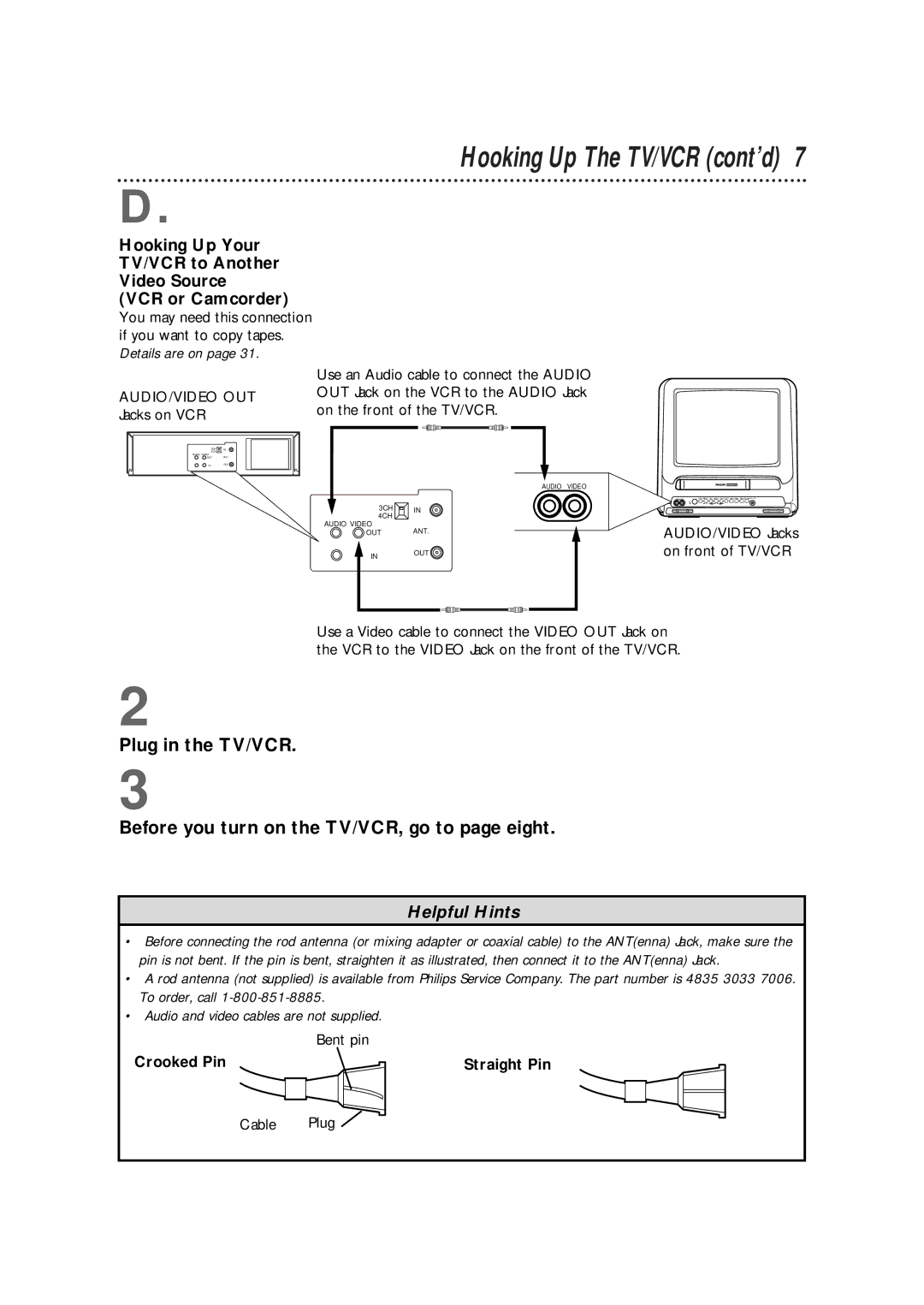 Magnavox CCX133AT99 warranty Hooking Up The TV/VCR cont’d, Bent pin, Crooked Pin Straight Pin, Cable Plug 