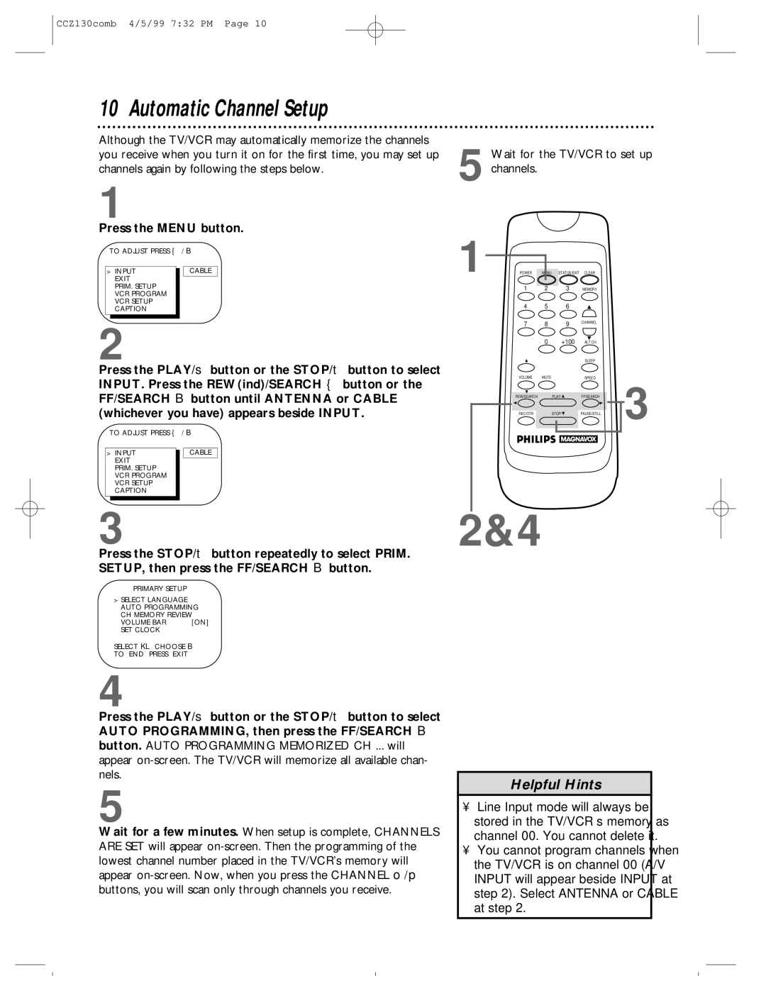 Magnavox CCZ130AT owner manual Automatic Channel Setup, Wait for the TV/VCR to set up channels 