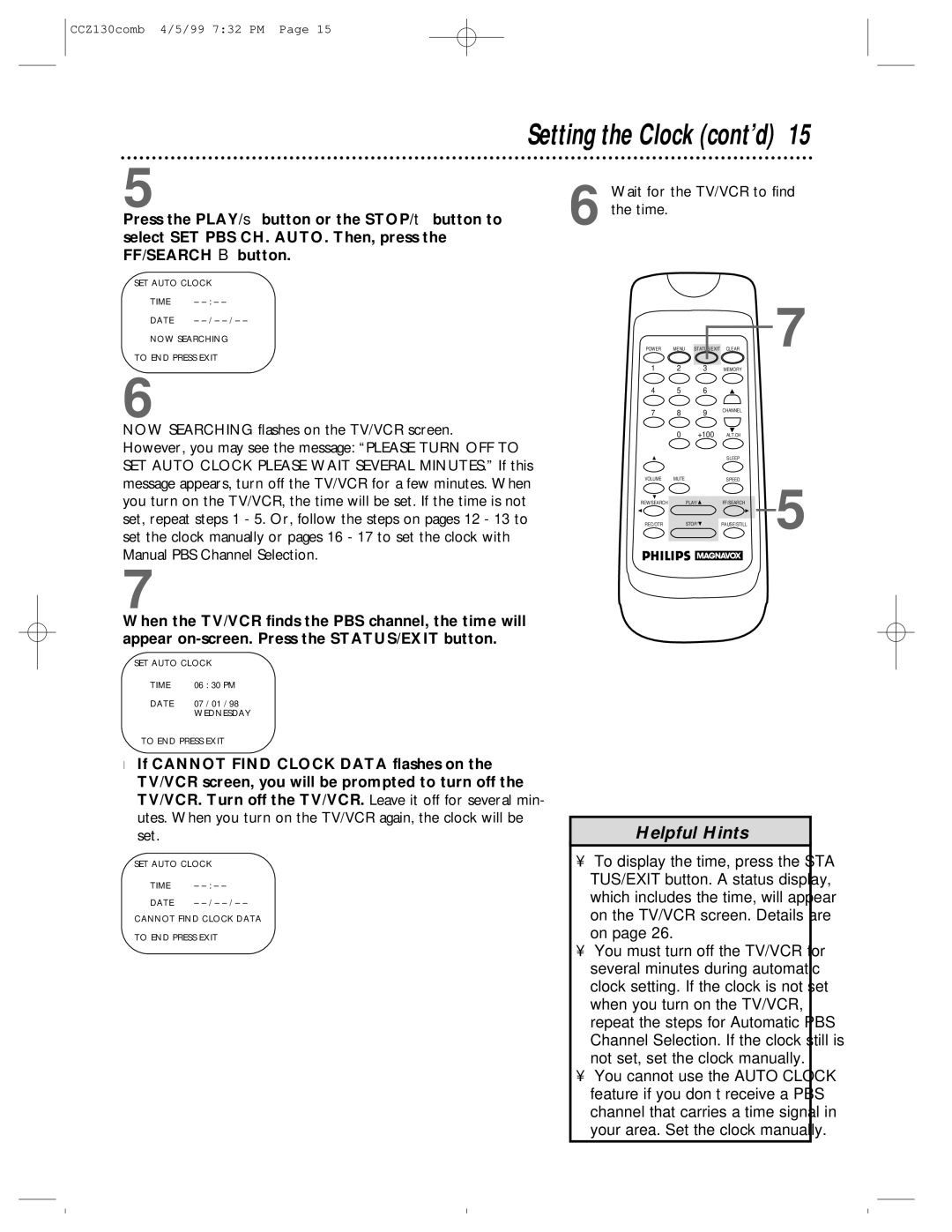 Magnavox CCZ130AT owner manual Wait for the TV/VCR to find the time 