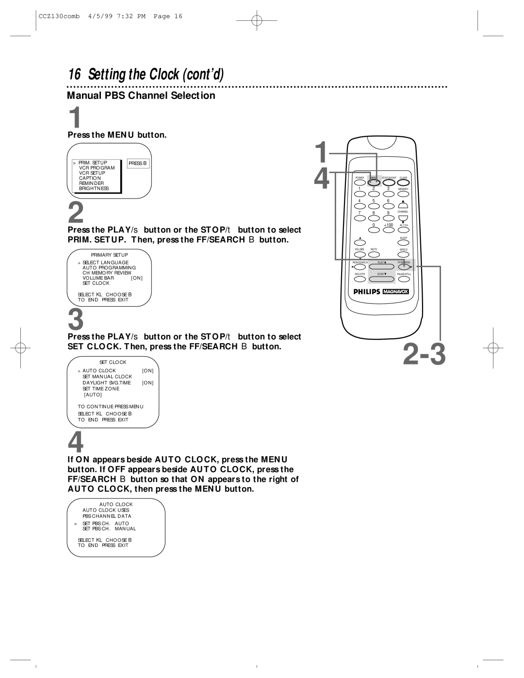 Magnavox CCZ130AT owner manual Manual PBS Channel Selection 