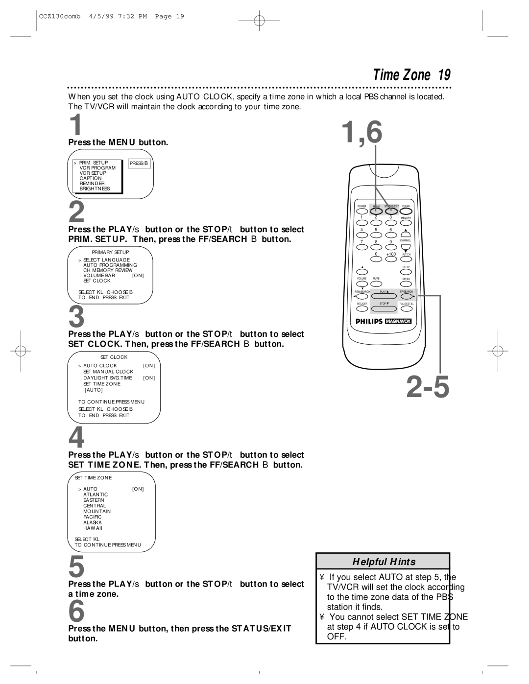 Magnavox CCZ130AT owner manual Time Zone, Press the Menu button 