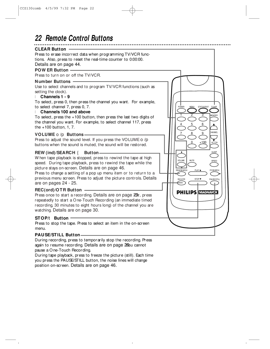 Magnavox CCZ130AT owner manual Remote Control Buttons 