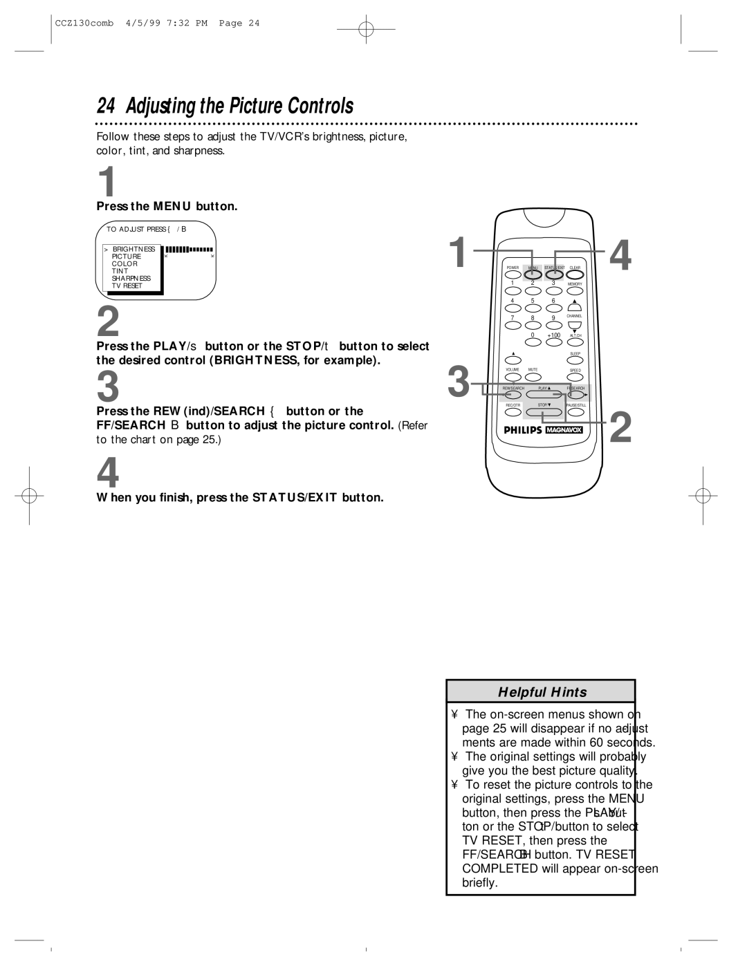 Magnavox CCZ130AT owner manual Adjusting the Picture Controls 