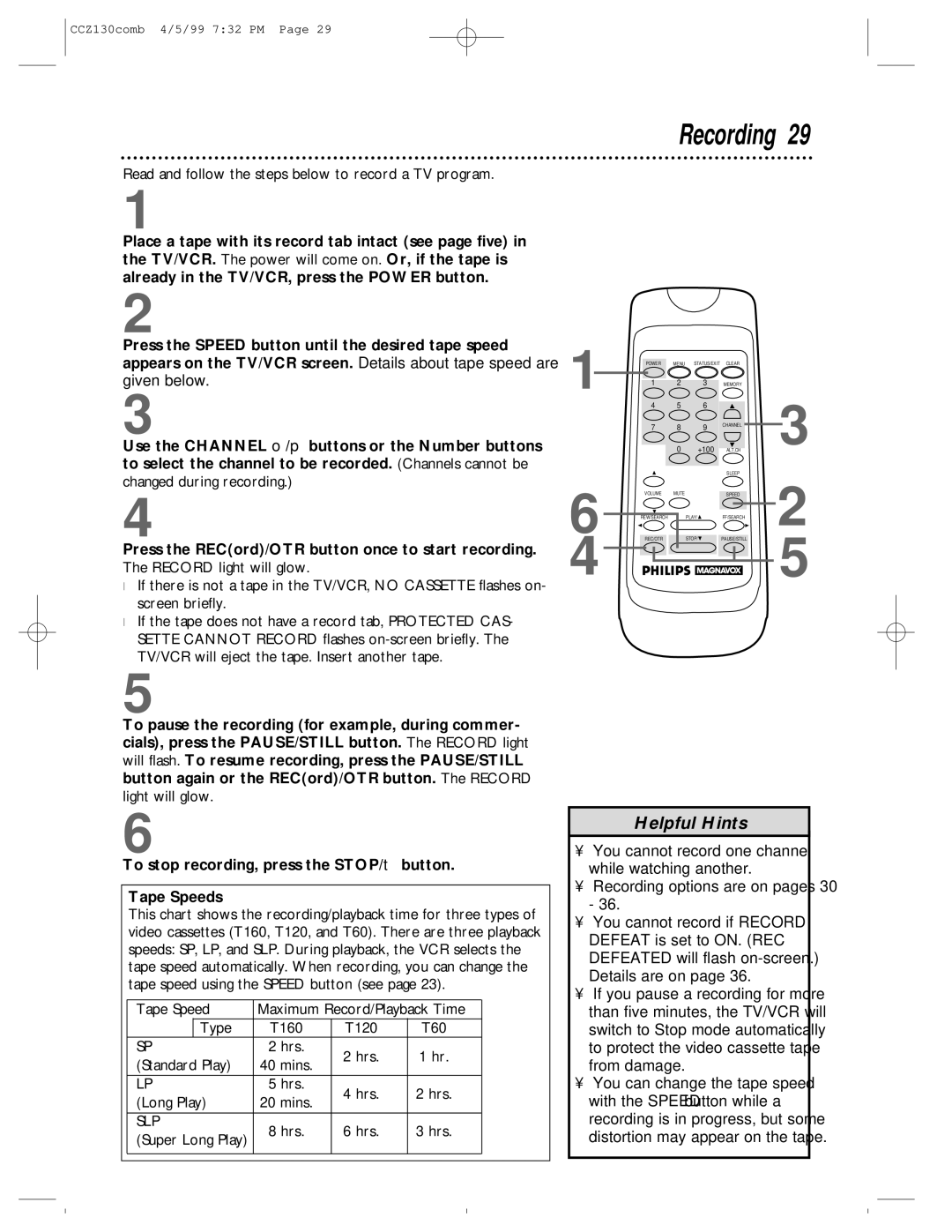 Magnavox CCZ130AT owner manual Recording options are on pages 30 