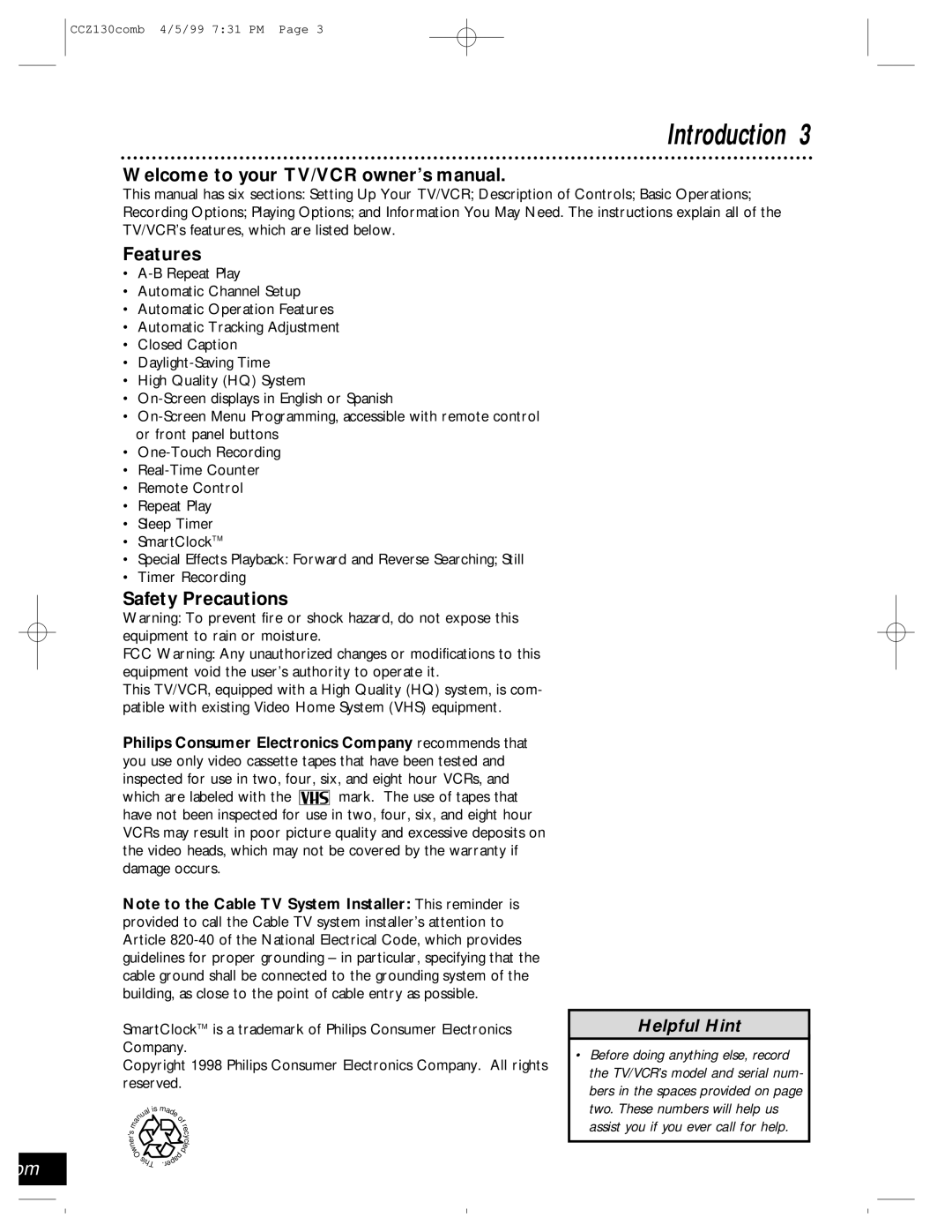 Magnavox CCZ130AT owner manual Introduction, Features, Safety Precautions 