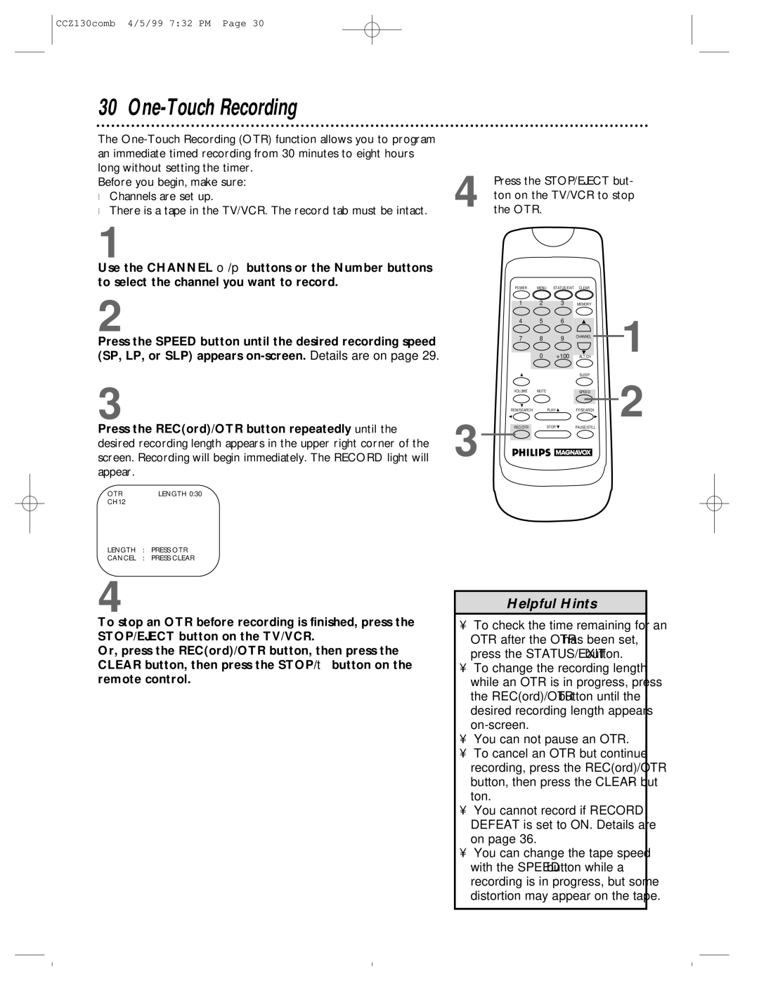 Magnavox CCZ130AT owner manual One-Touch Recording, Press the RECord/OTR button repeatedly until 