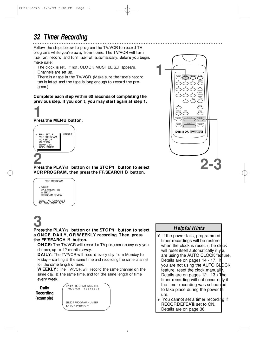 Magnavox CCZ130AT owner manual Timer Recording, Daily 