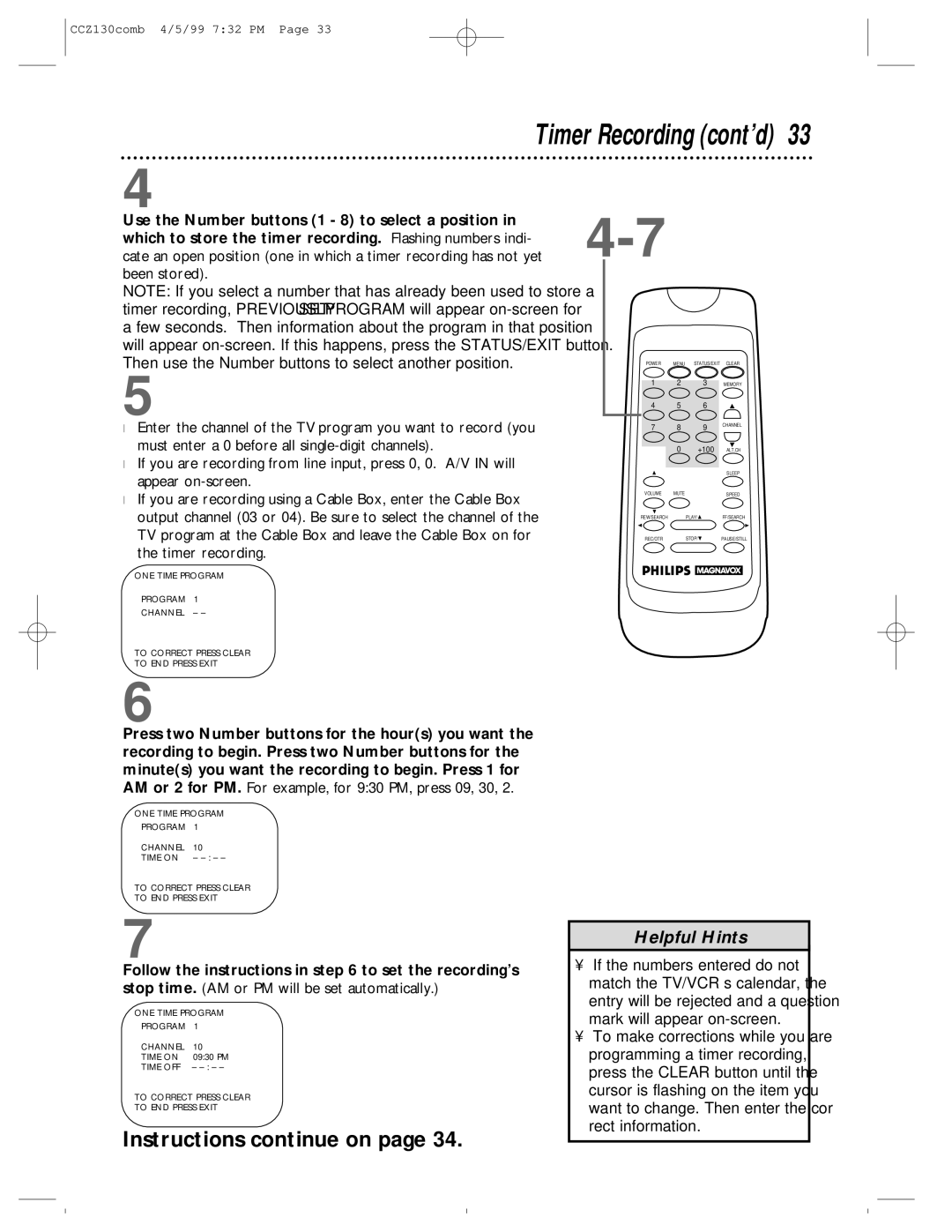 Magnavox CCZ130AT owner manual Timer Recording cont’d, Instructions continue on 