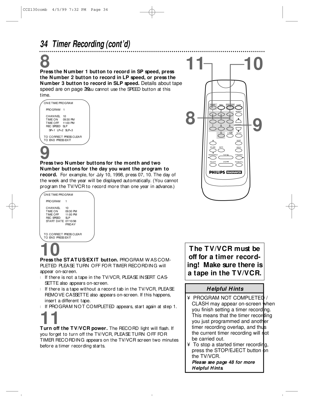 Magnavox CCZ130AT owner manual Please see page 48 for more Helpful Hints 