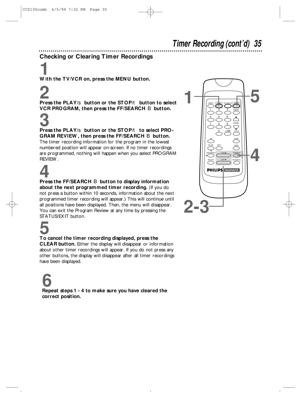 Magnavox CCZ130AT owner manual Checking or Clearing Timer Recordings 