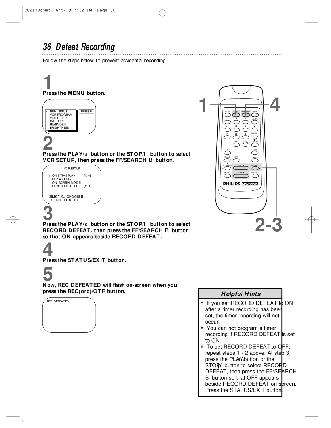 Magnavox CCZ130AT owner manual Defeat Recording, REC Defeated 
