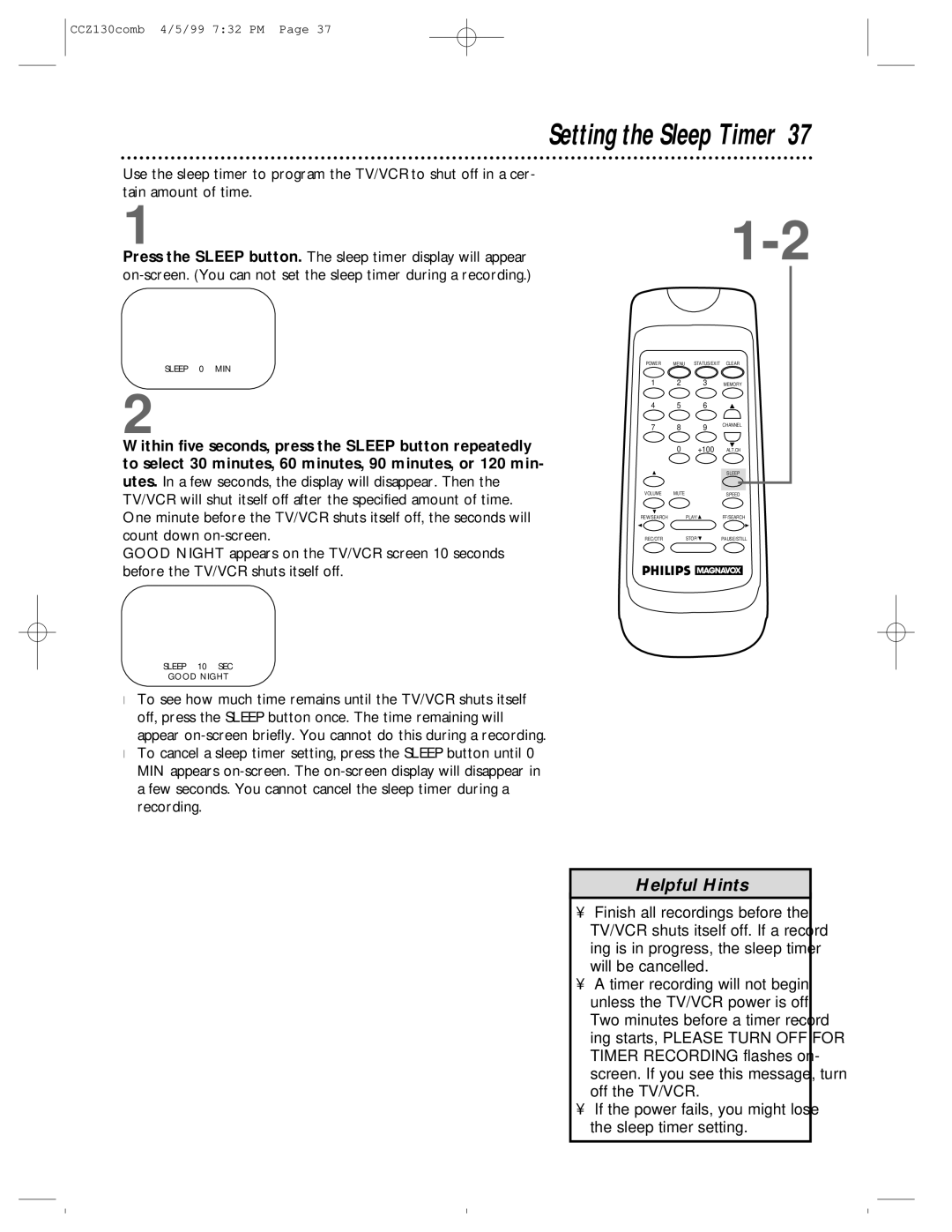 Magnavox CCZ130AT owner manual Setting the Sleep Timer 