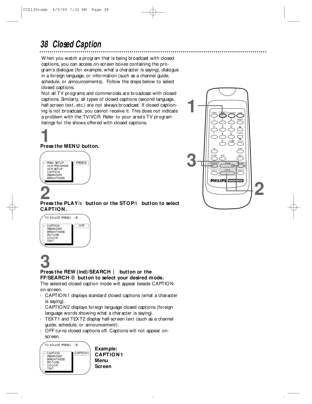 Magnavox CCZ130AT owner manual Closed Caption, Example, Menu, Screen 