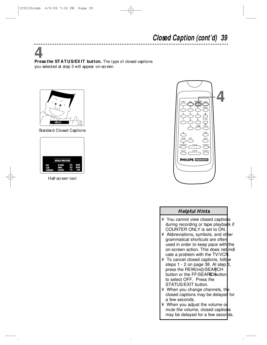 Magnavox CCZ130AT owner manual Closed Caption cont’d, Standard Closed Captions 