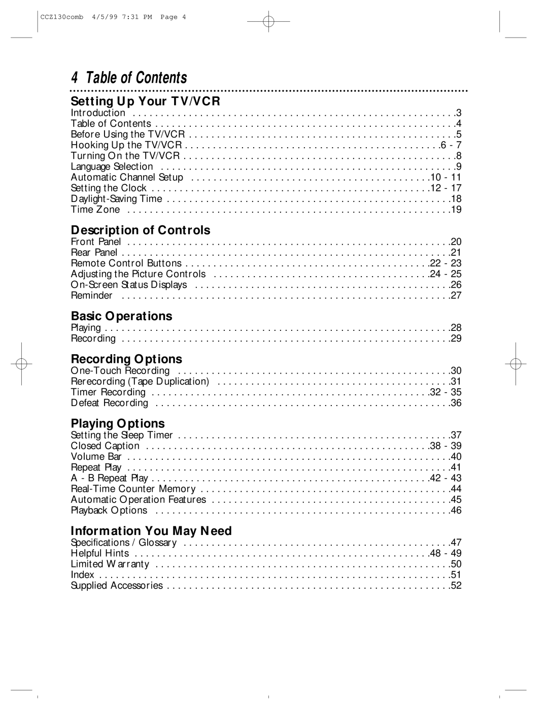 Magnavox CCZ130AT owner manual Table of Contents 