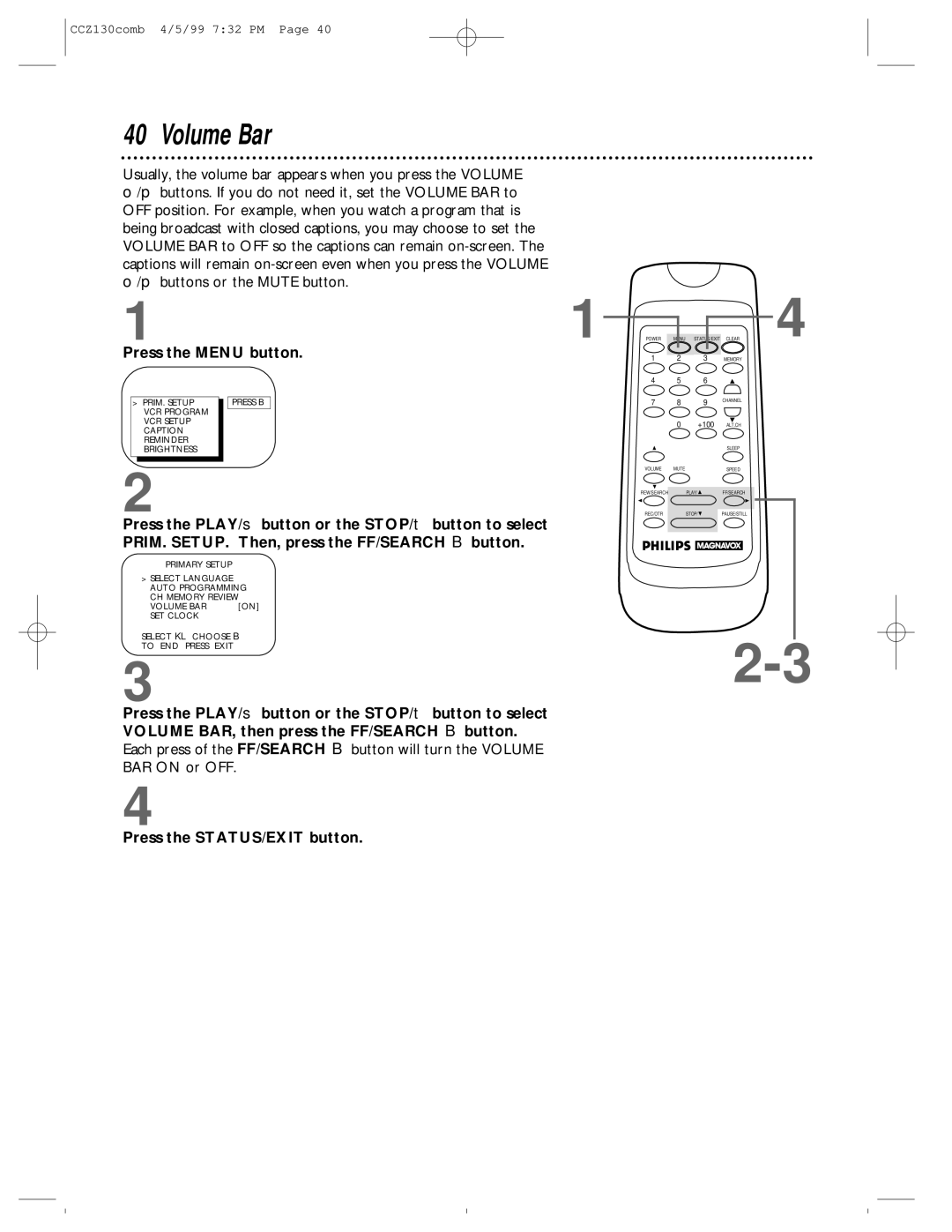 Magnavox CCZ130AT owner manual Volume Bar 