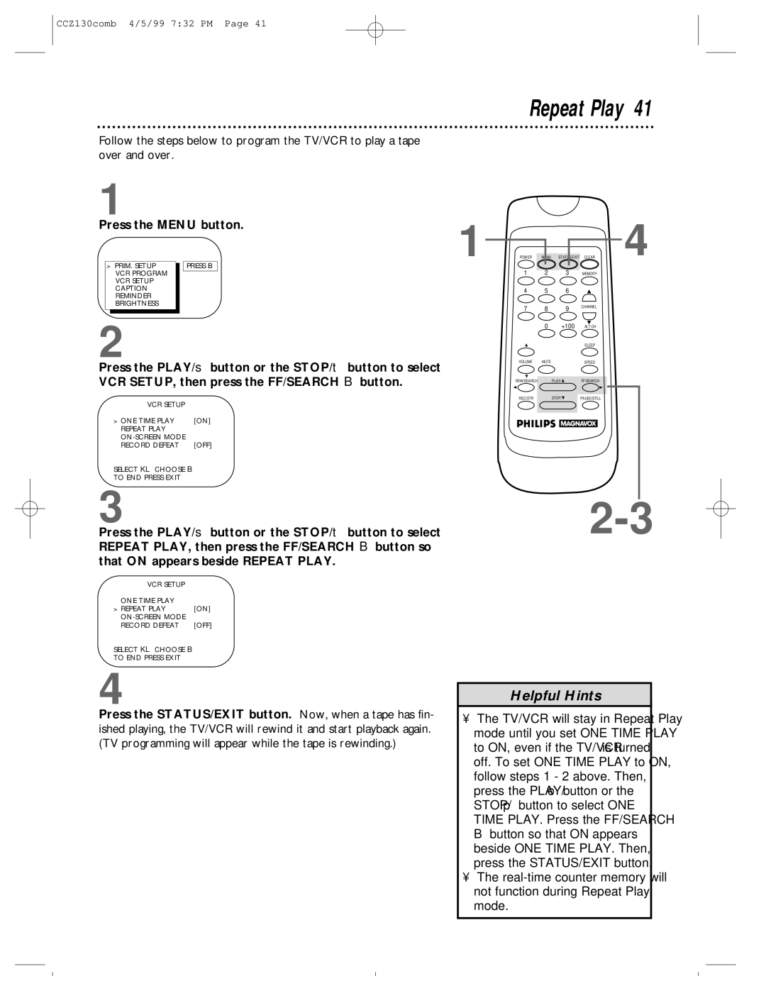 Magnavox CCZ130AT owner manual Repeat Play 