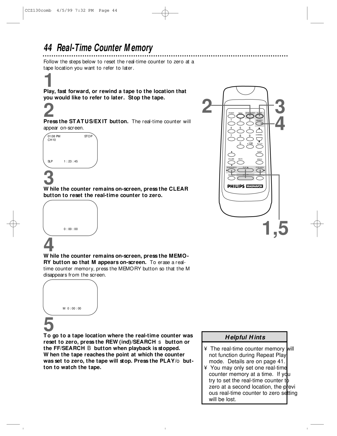 Magnavox CCZ130AT owner manual Real-Time Counter Memory 