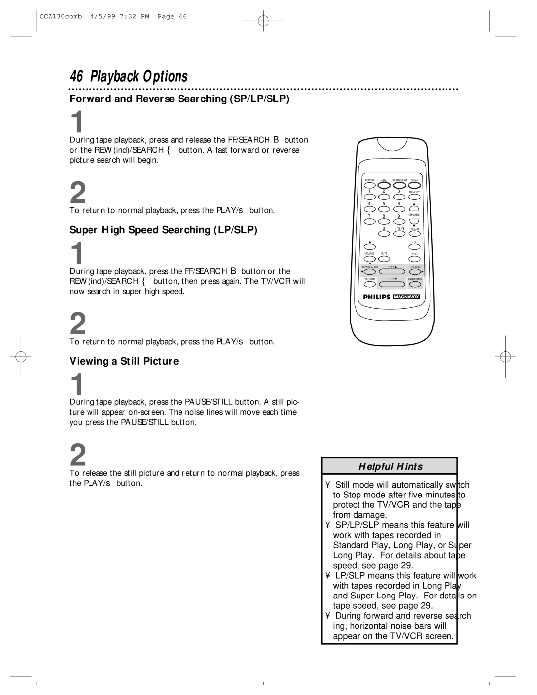 Magnavox CCZ130AT owner manual Playback Options, Forward and Reverse Searching SP/LP/SLP, Super High Speed Searching LP/SLP 