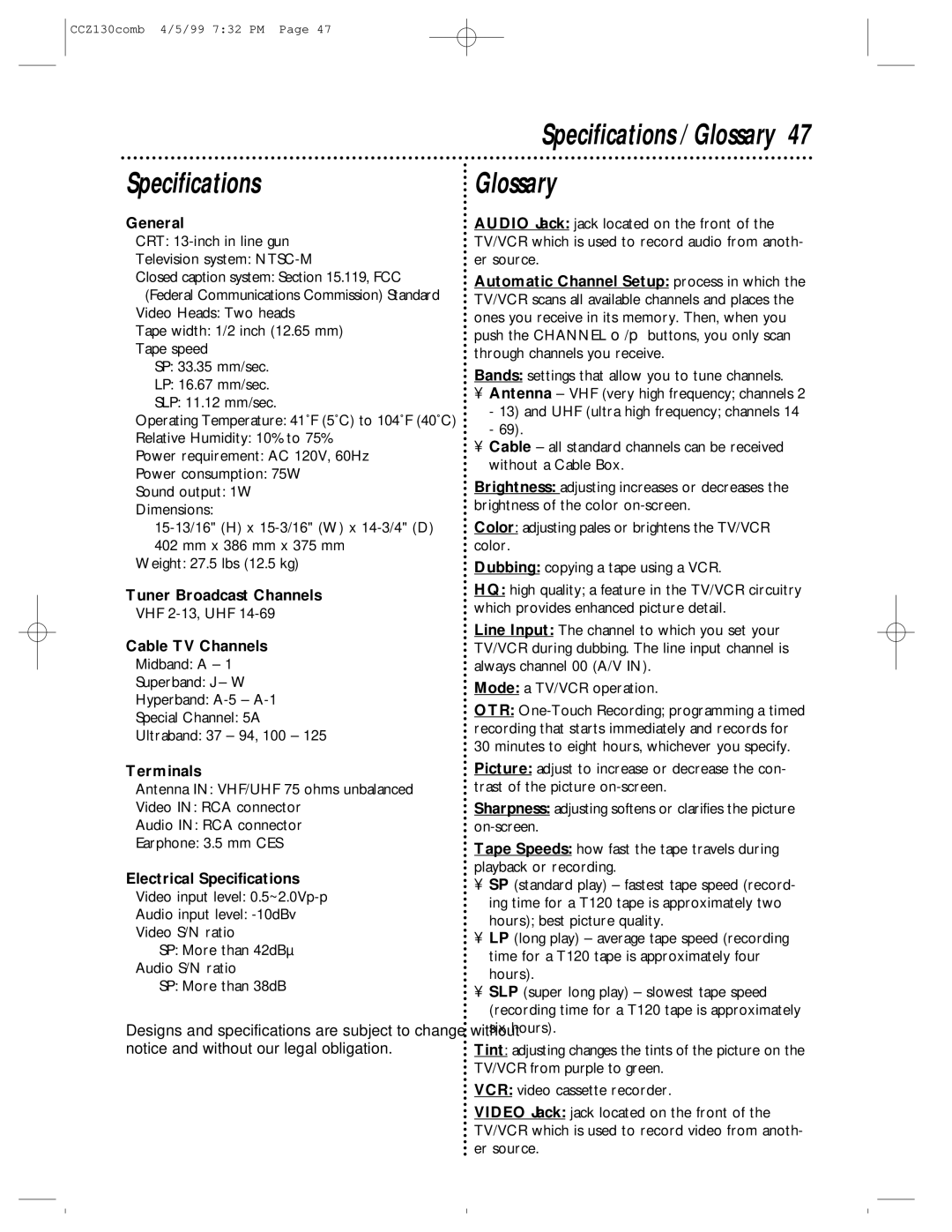 Magnavox CCZ130AT owner manual Specifications, Glossary 