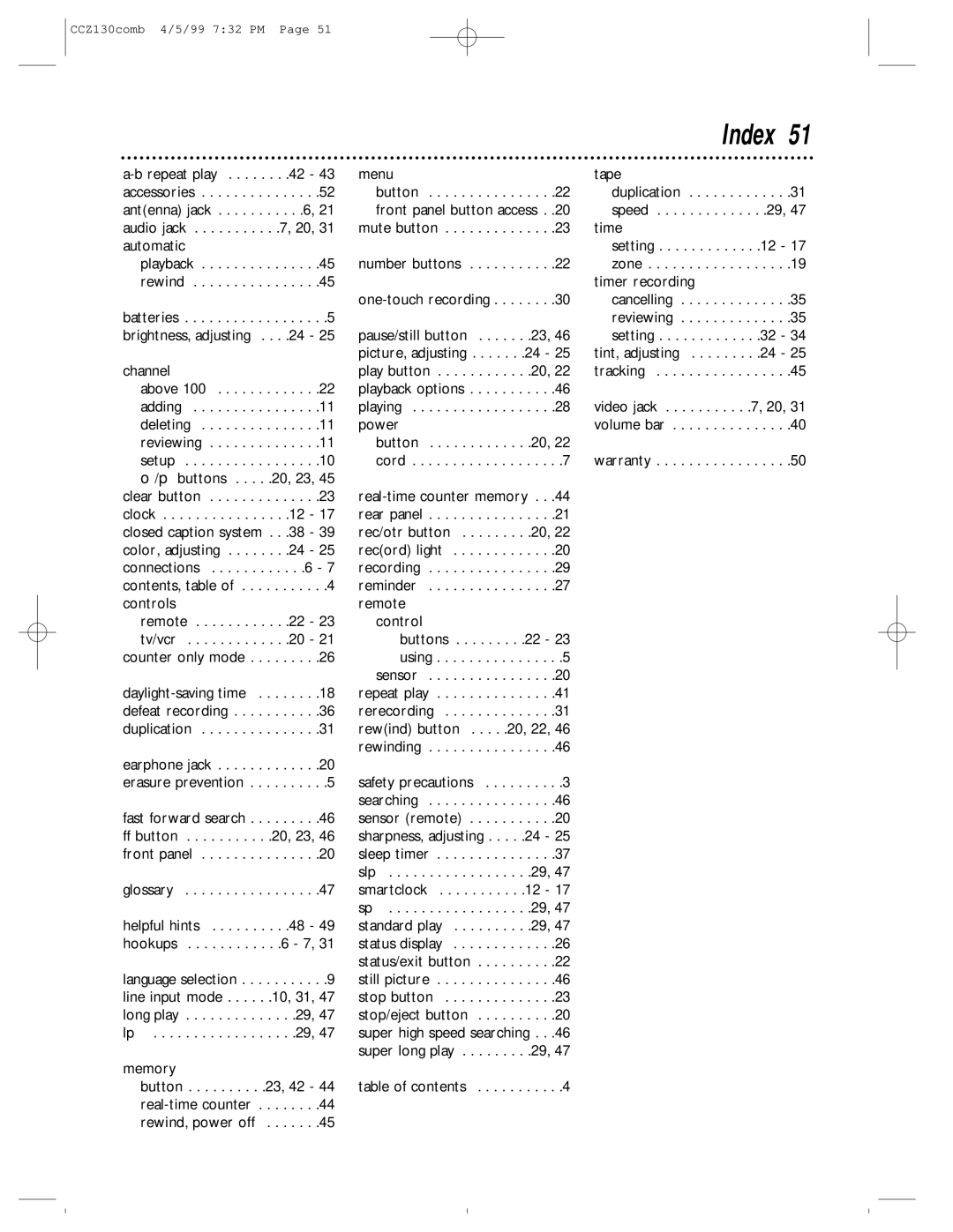 Magnavox CCZ130AT owner manual Index, Controls 