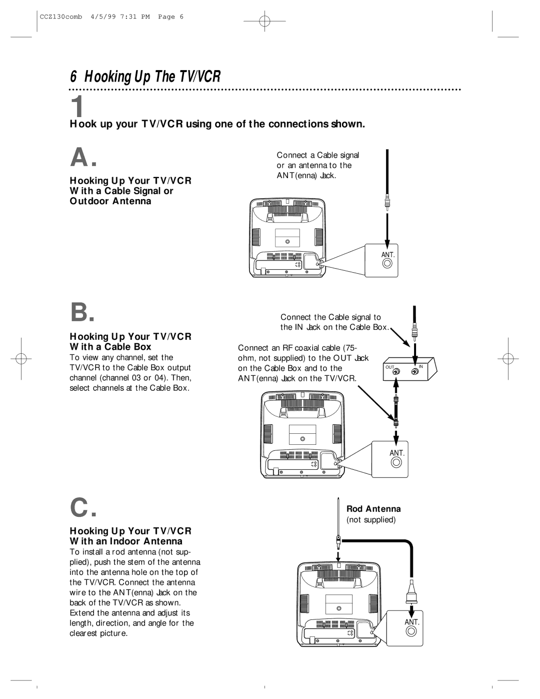 Magnavox CCZ130AT owner manual Hooking Up The TV/VCR, Hook up your TV/VCR using one of the connections shown, Rod Antenna 