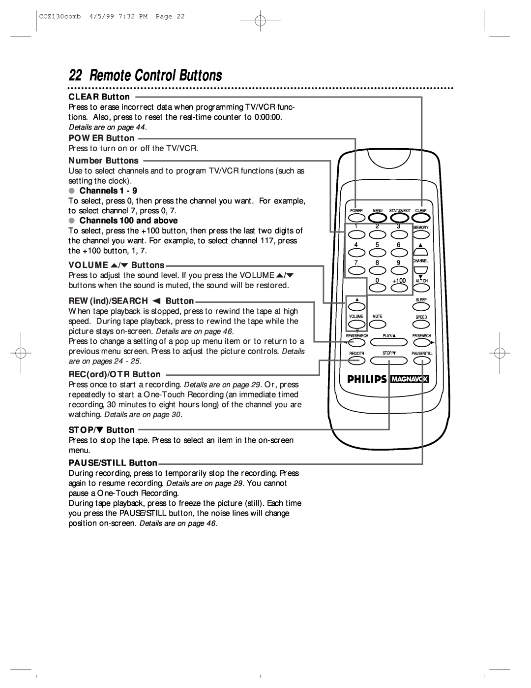 Magnavox CCZ130AT owner manual Remote Control Buttons, are on pages 24, watching. Details are on page 