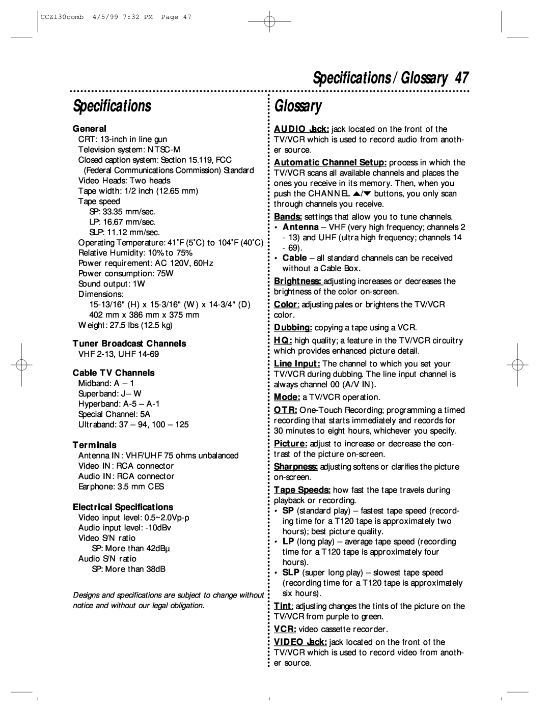 Magnavox CCZ130AT owner manual Specifications / Glossary 