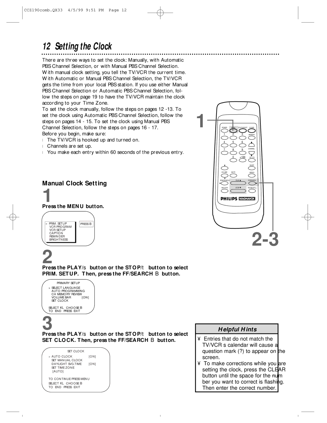 Magnavox CCZ190AT owner manual Setting the Clock, Manual Clock Setting 