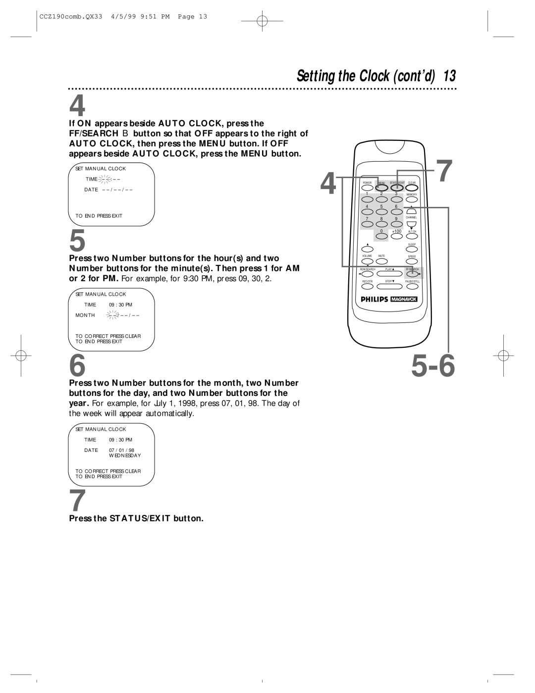 Magnavox CCZ190AT owner manual Setting the Clock cont’d 