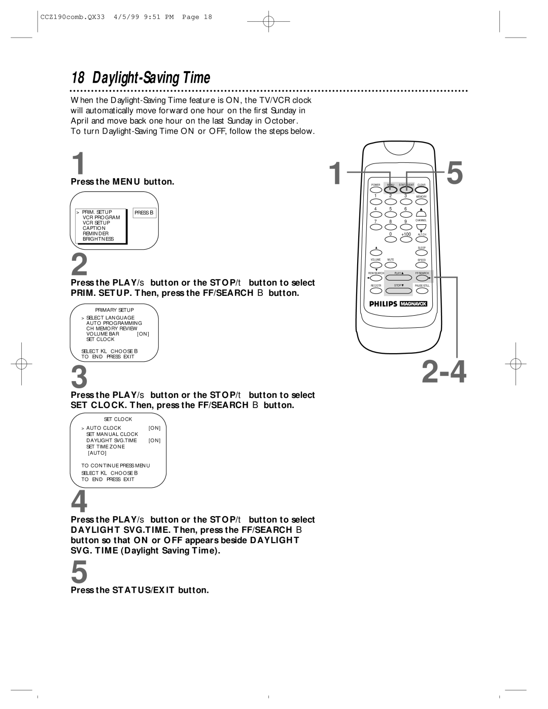 Magnavox CCZ190AT owner manual Daylight-Saving Time, Press the Menu button 