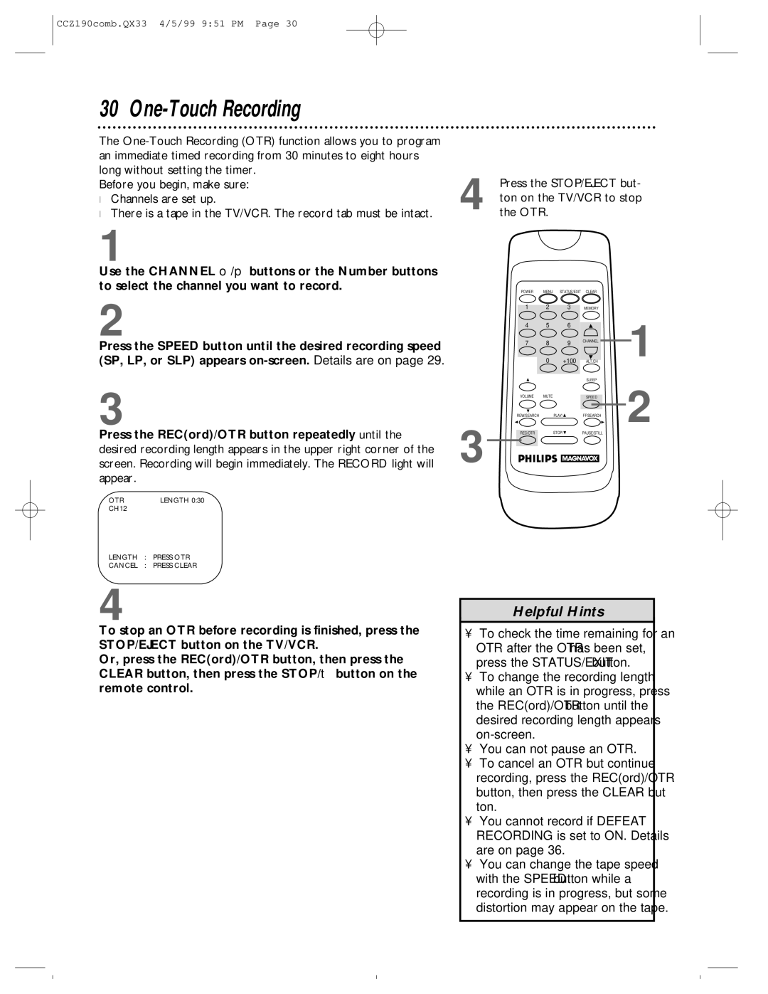 Magnavox CCZ190AT owner manual One-Touch Recording, Press the RECord/OTR button repeatedly until 