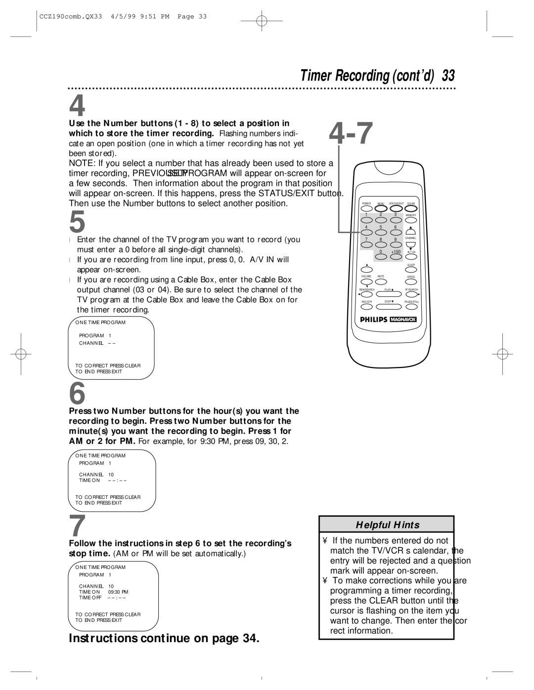 Magnavox CCZ190AT owner manual Timer Recording cont’d, Instructions continue on 