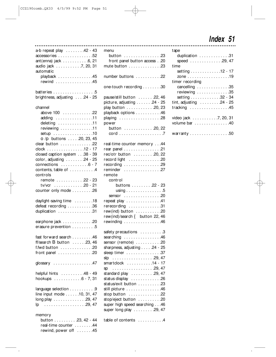 Magnavox CCZ190AT owner manual Index, Controls 