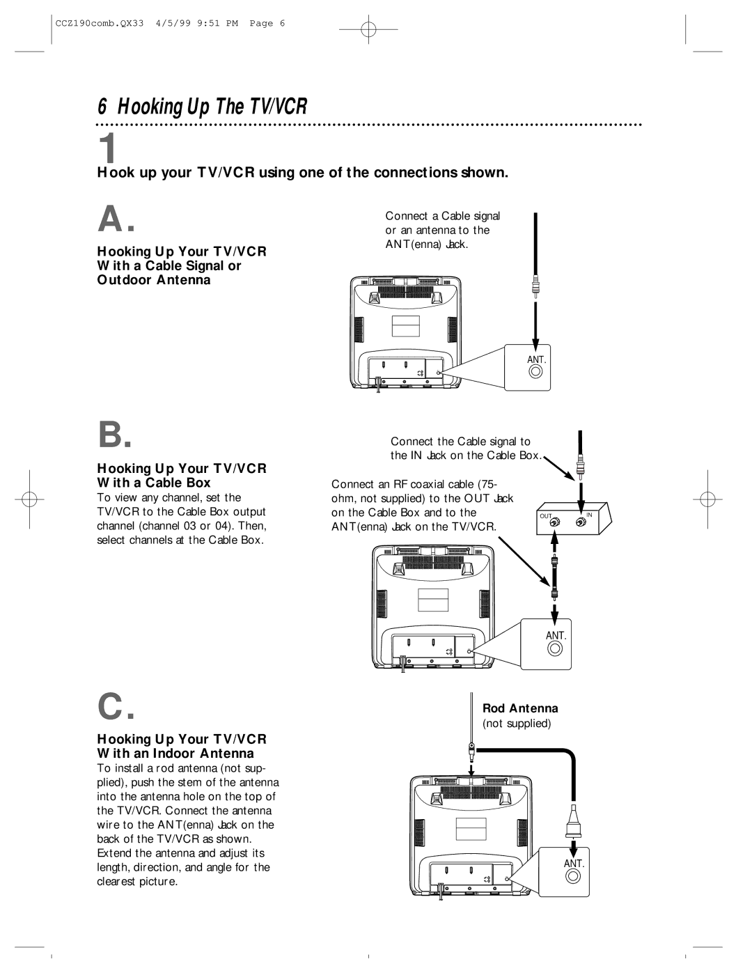 Magnavox CCZ190AT owner manual Hooking Up The TV/VCR, Hook up your TV/VCR using one of the connections shown, Rod Antenna 