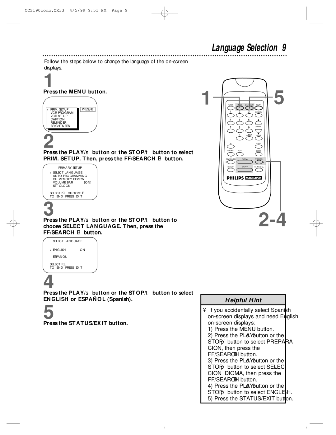 Magnavox CCZ190AT owner manual Language Selection, Press the Menu button 