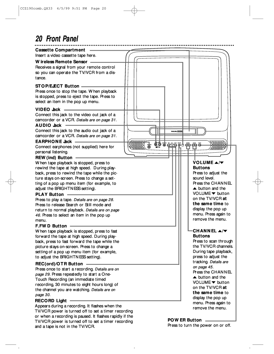 Magnavox CCZ190AT Front Panel, camcorder or a VCR. Details are on page, Press to play a tape. Details are on page 