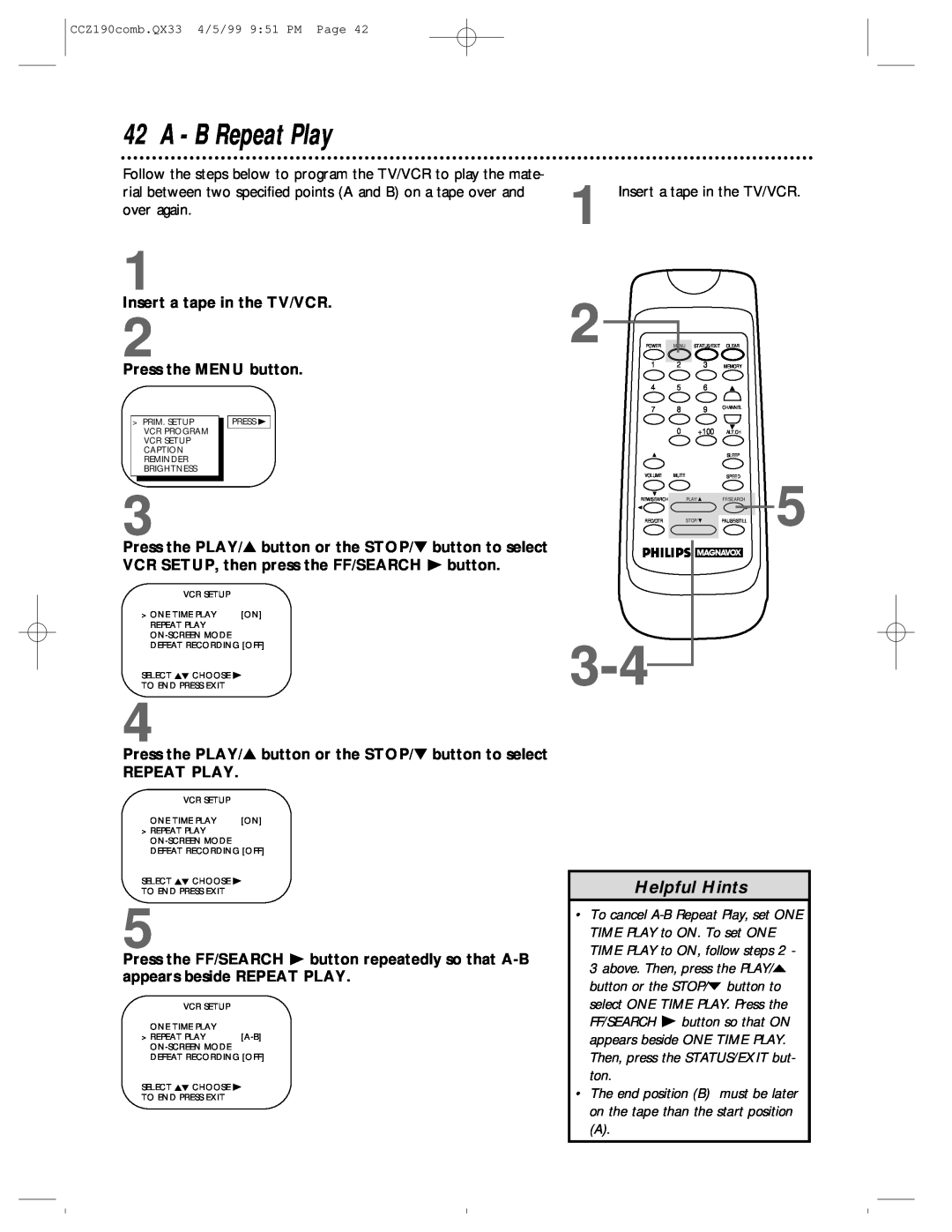 Magnavox CCZ190AT owner manual A - B Repeat Play, Helpful Hints, CCZ190comb.QX33 4/5/99 951 PM Page 