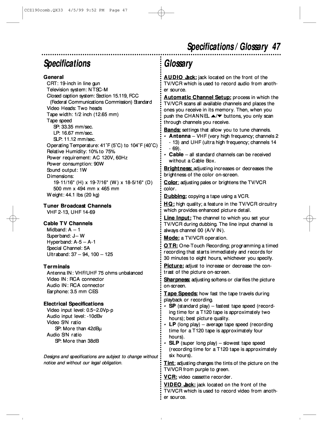 Magnavox CCZ190AT owner manual Specifications / Glossary 