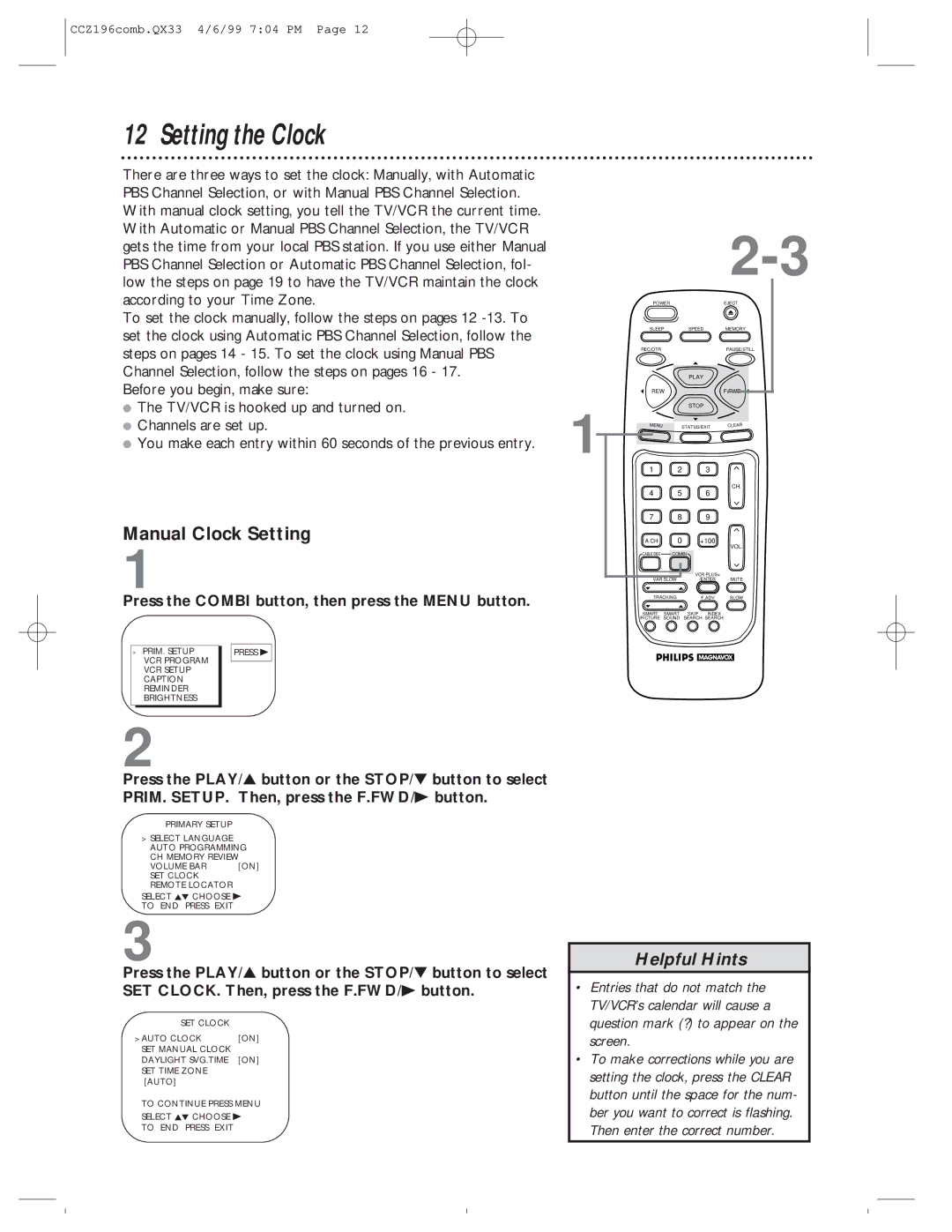 Magnavox CCZ196AT owner manual Setting the Clock, Manual Clock Setting 