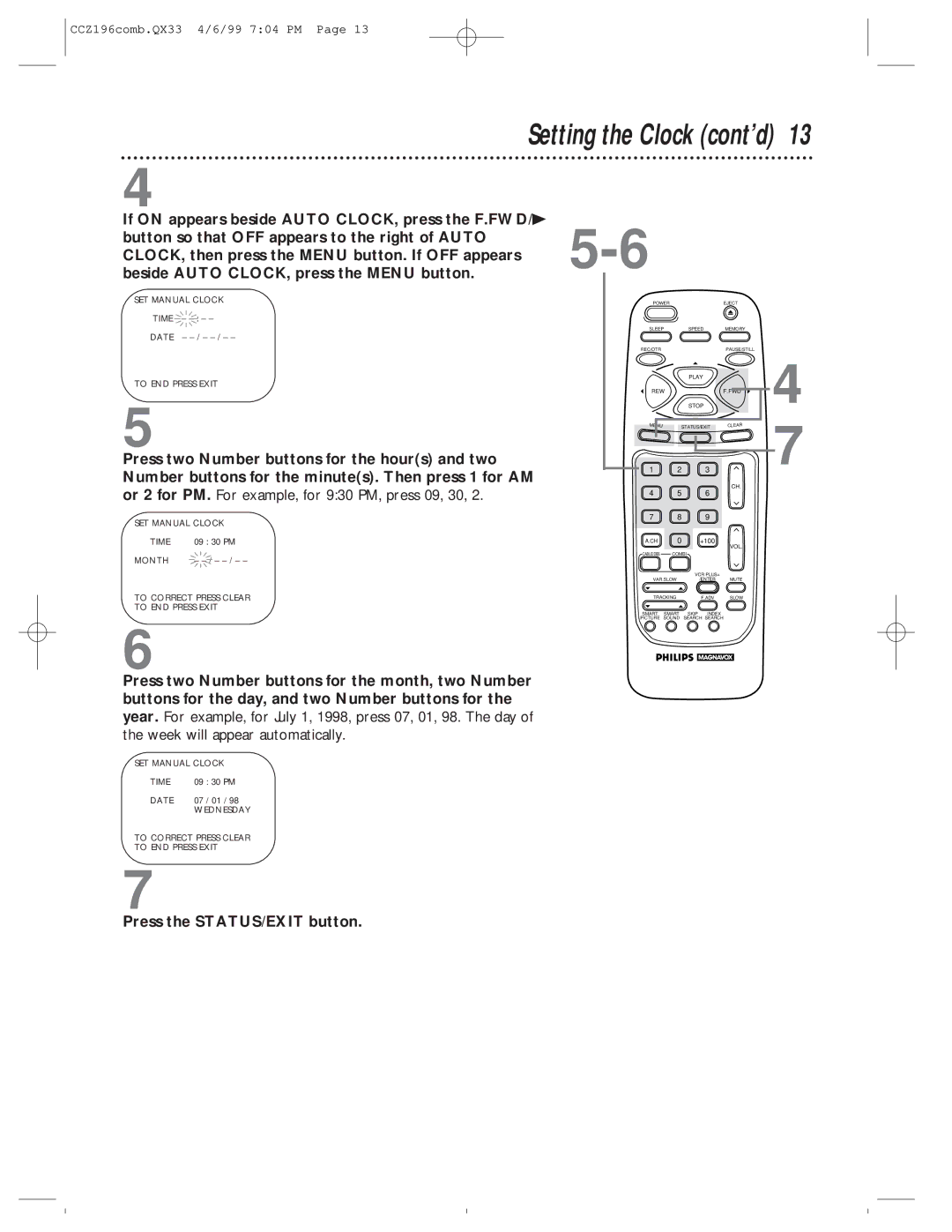 Magnavox CCZ196AT owner manual Setting the Clock cont’d, Month To Correct Press Clear To END Press Exit 