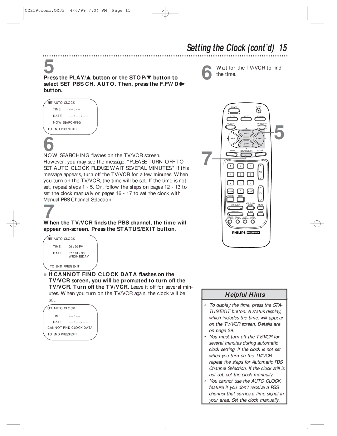 Magnavox CCZ196AT owner manual Wait for the TV/VCR to find the time, Manual PBS Channel Selection 