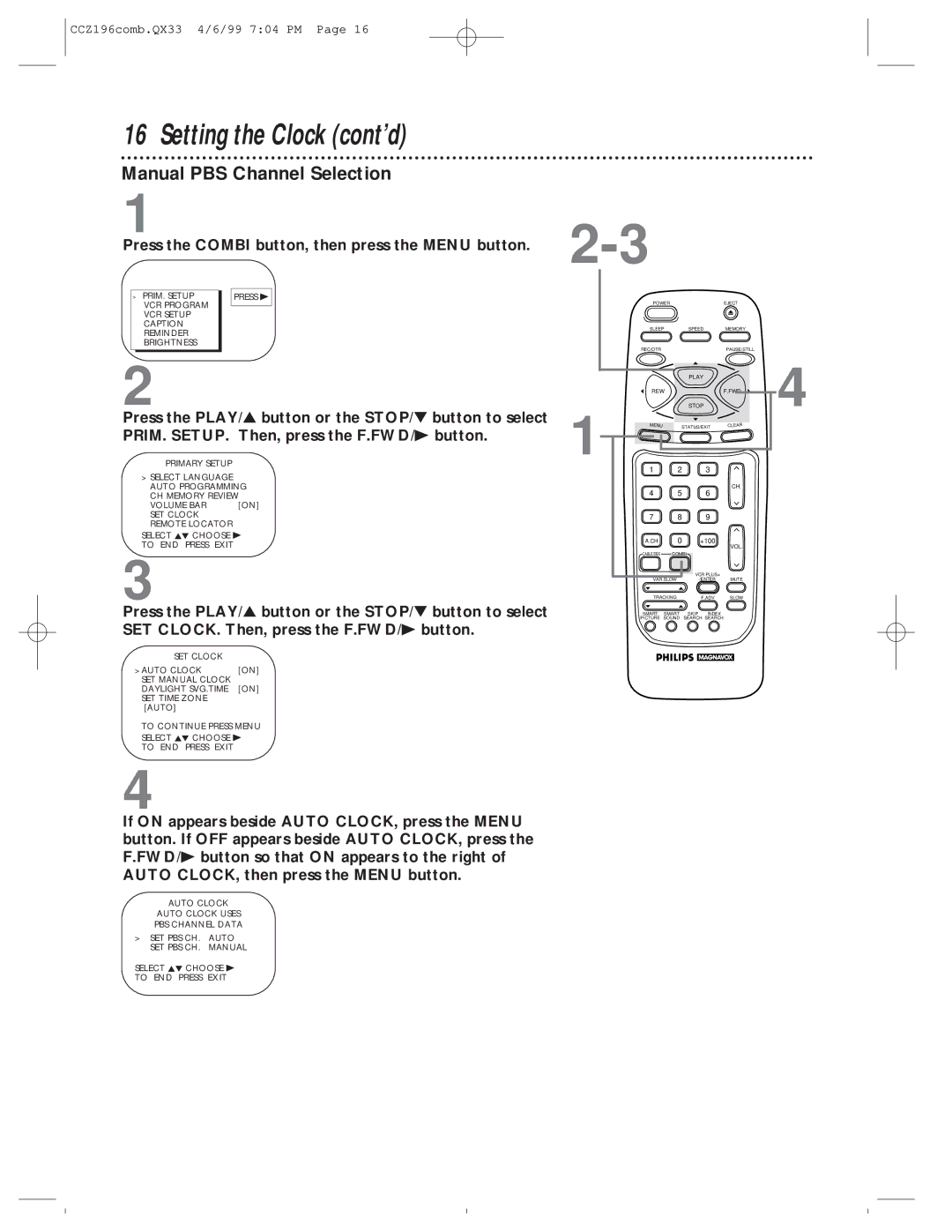 Magnavox CCZ196AT owner manual Manual PBS Channel Selection 