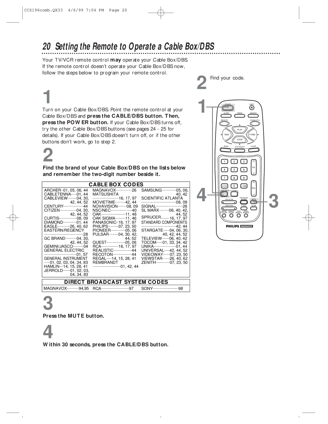 Magnavox CCZ196AT owner manual Setting the Remote to Operate a Cable Box/DBS, Press the Mute button 