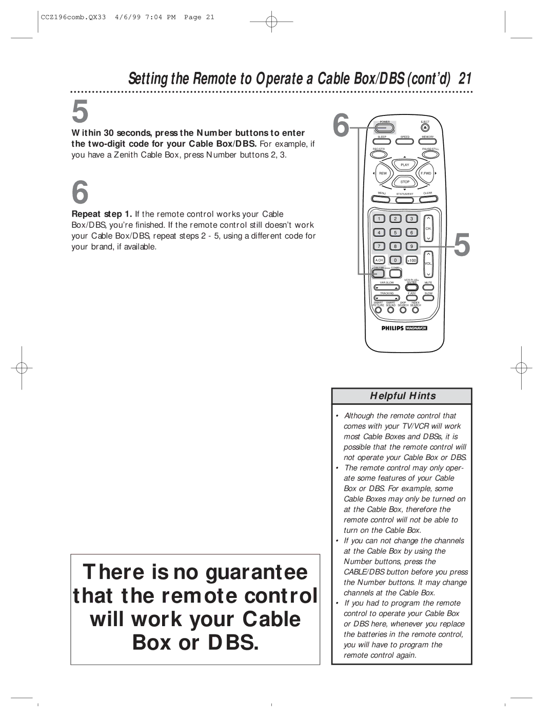 Magnavox CCZ196AT owner manual Setting the Remote to Operate a Cable Box/DBS cont’d 