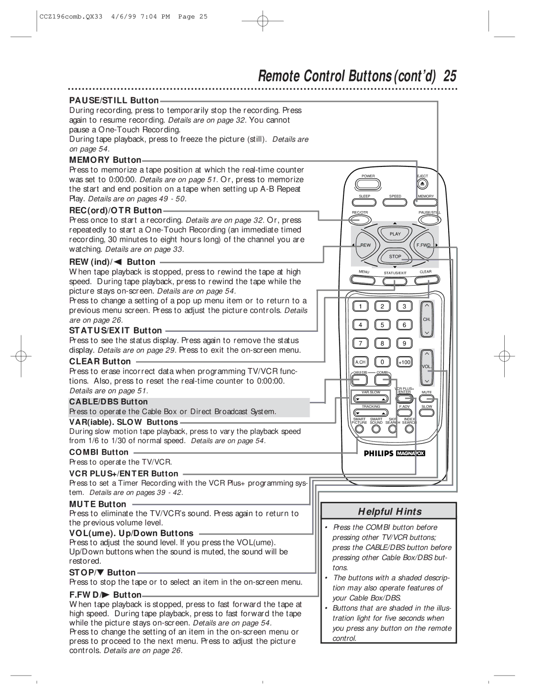 Magnavox CCZ196AT PAUSE/STILL Button, Memory Button, REWind/ Button, STATUS/EXIT Button, Clear Button, CABLE/DBS Button 