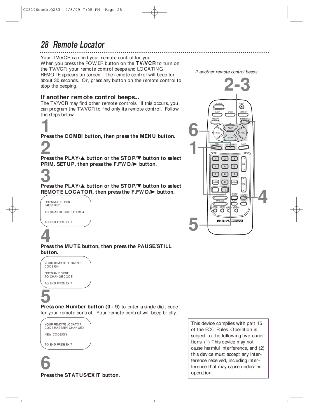 Magnavox CCZ196AT owner manual Remote Locator, If another remote control beeps 