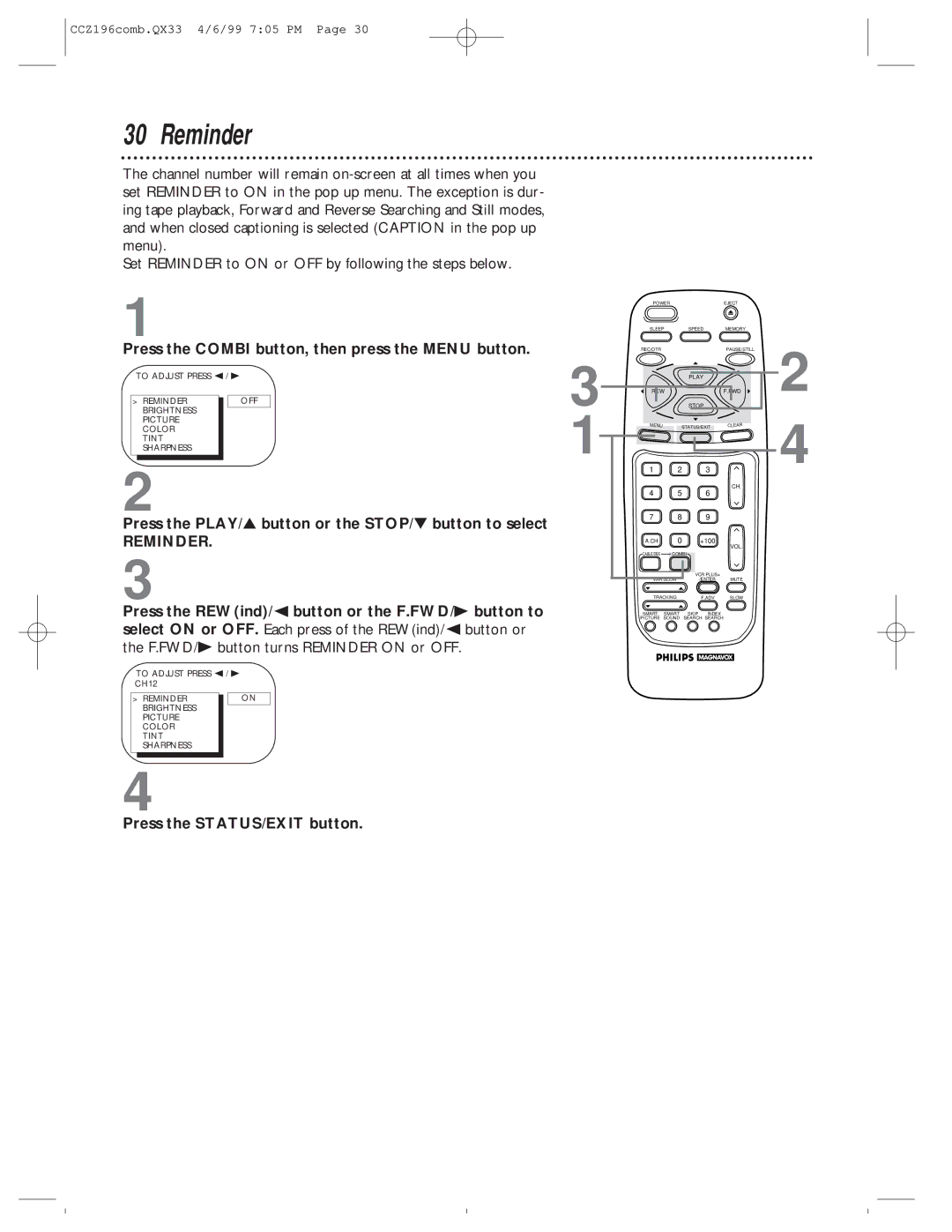 Magnavox CCZ196AT owner manual Reminder 