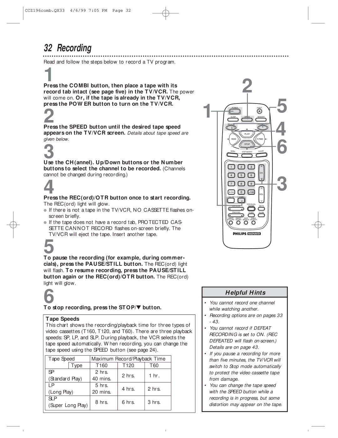 Magnavox CCZ196AT owner manual Given below, Recording options are on pages 33, Distortion may appear on the tape 