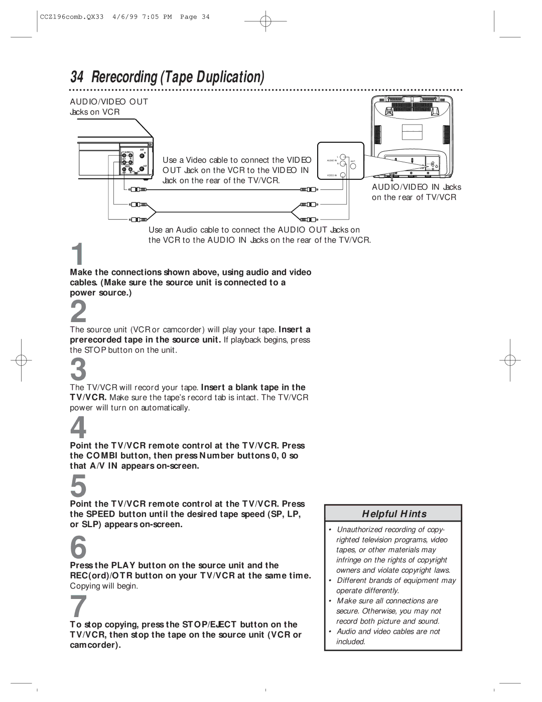 Magnavox CCZ196AT Different brands of equipment may operate differently, Audio and video cables are not included 